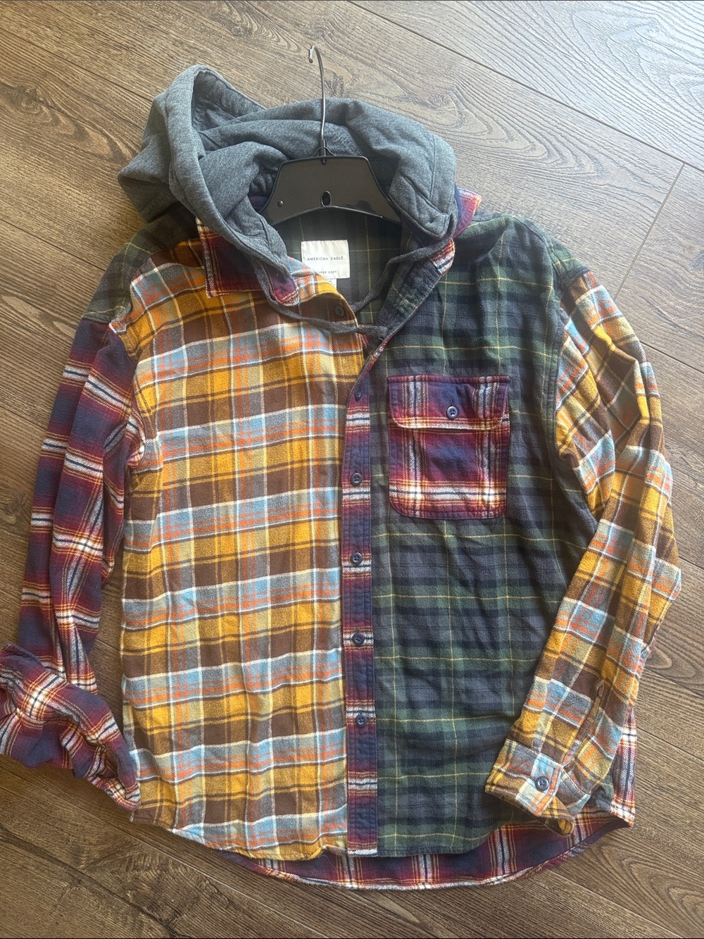 American Eagle Men's Multicolor Plaid Button-Front Removable Hooded Shirt Cool M